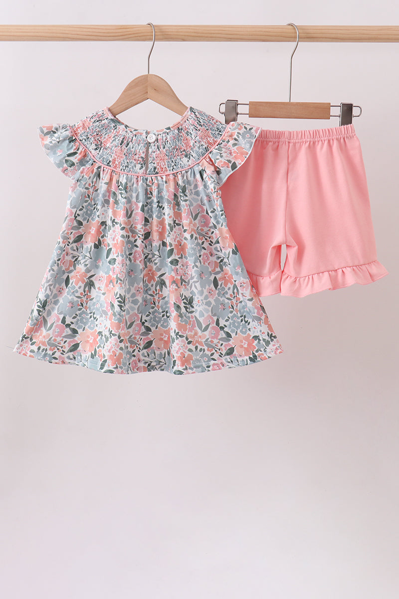 Pink Floral Smocked Knit Set