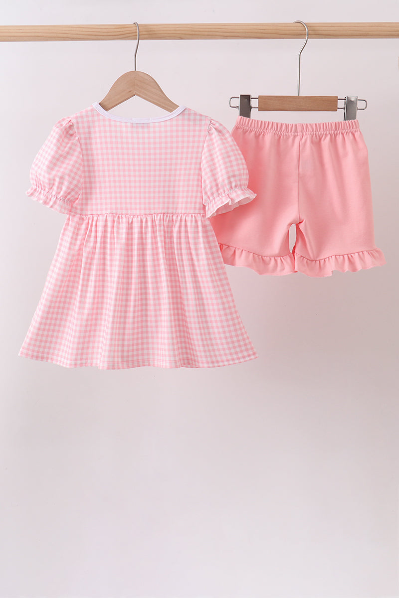 Pink Gingham Animal Embroidered Knit Set