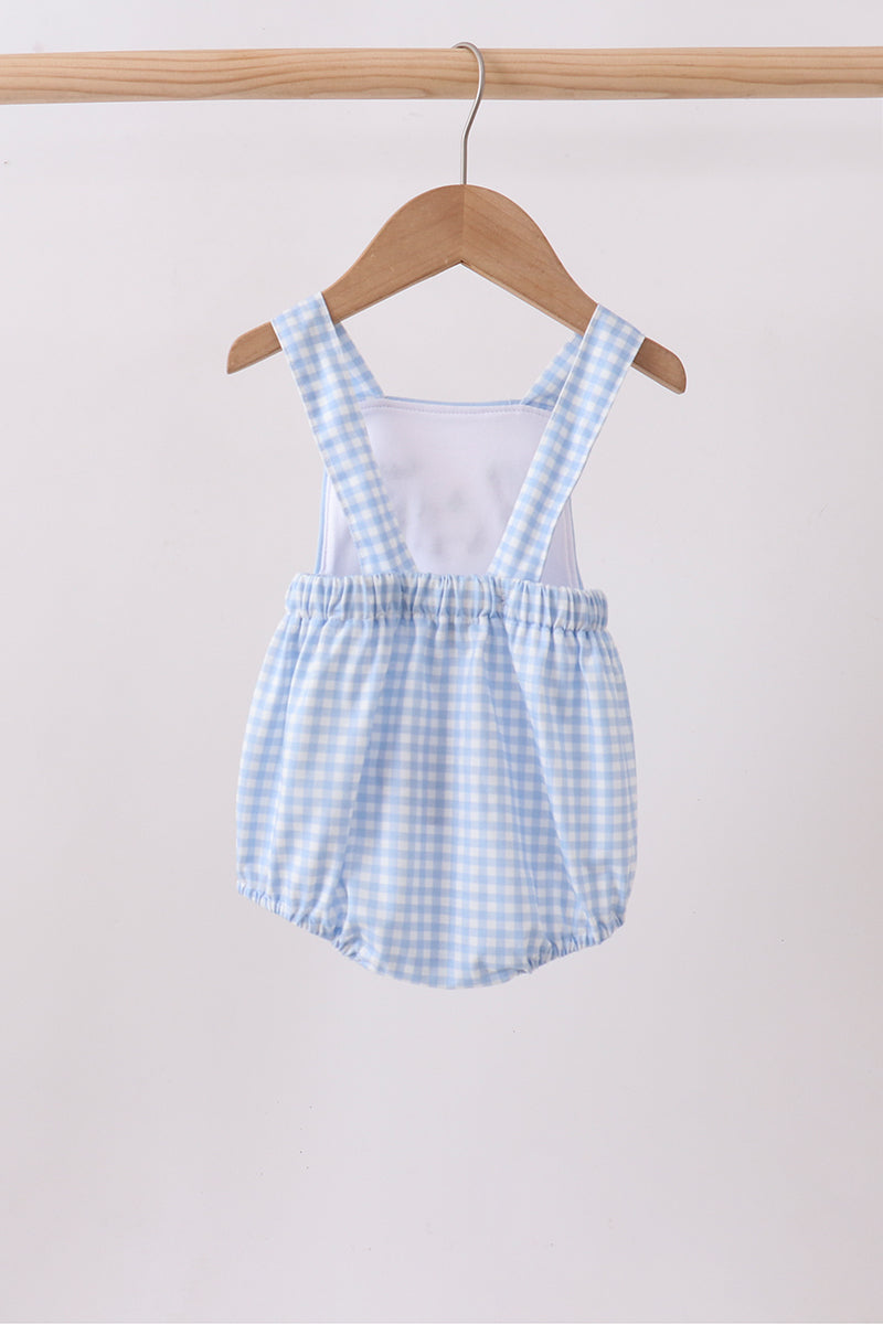 Blue Gingham Animal Embroidered Knit Bubble