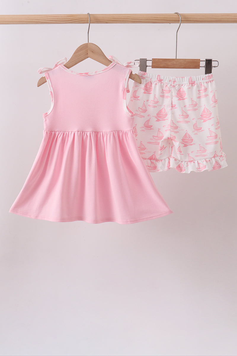 Pink Sailboat Embroidered Knit Set