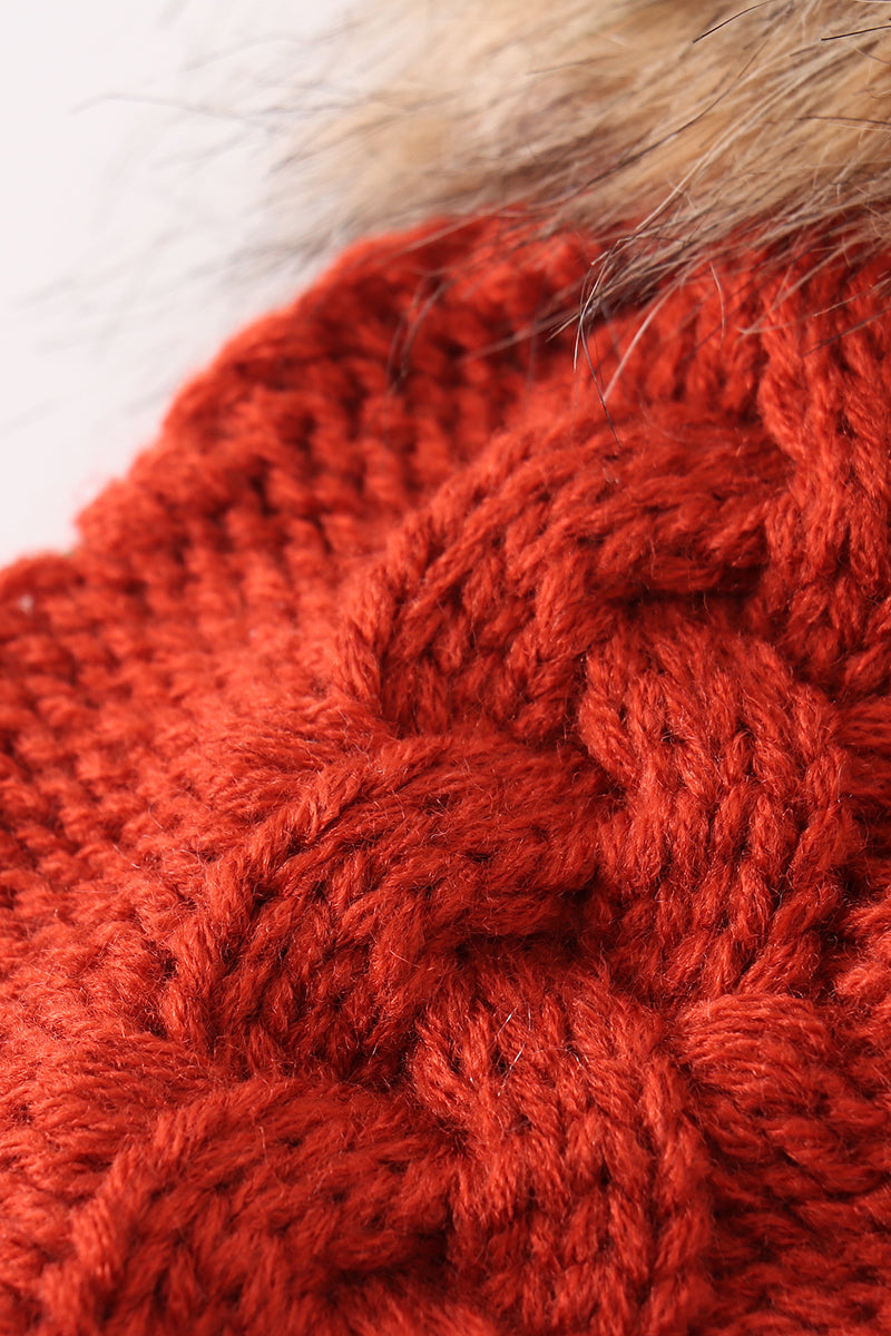 Caramel pompom cable beanie