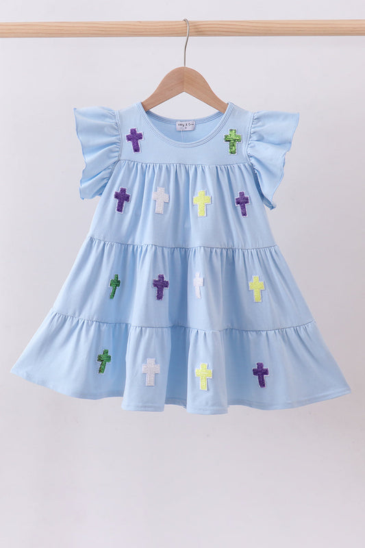 Blue cross sequin tiered dress