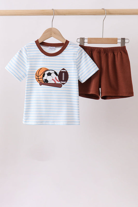 Blue Sports Ball Stripe Applique Knit Set