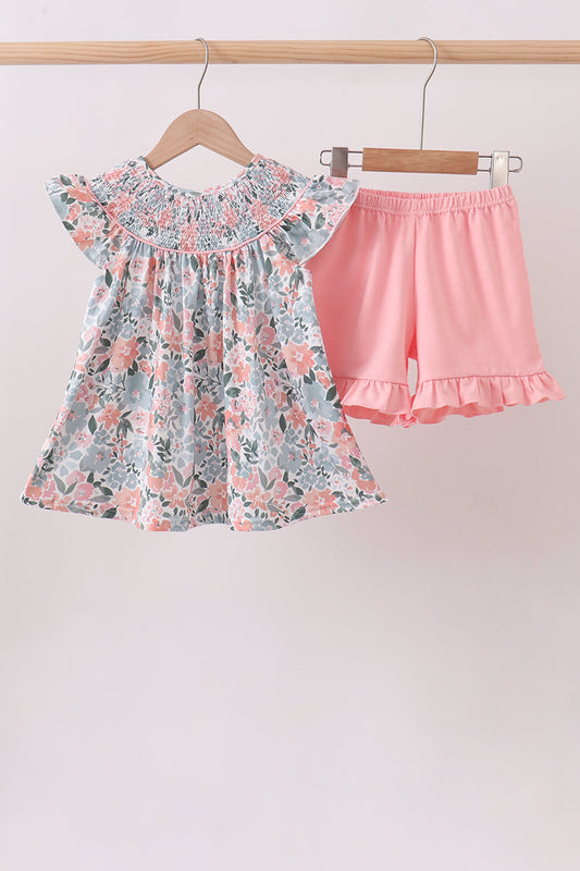 Pink Floral Smocked Knit Set