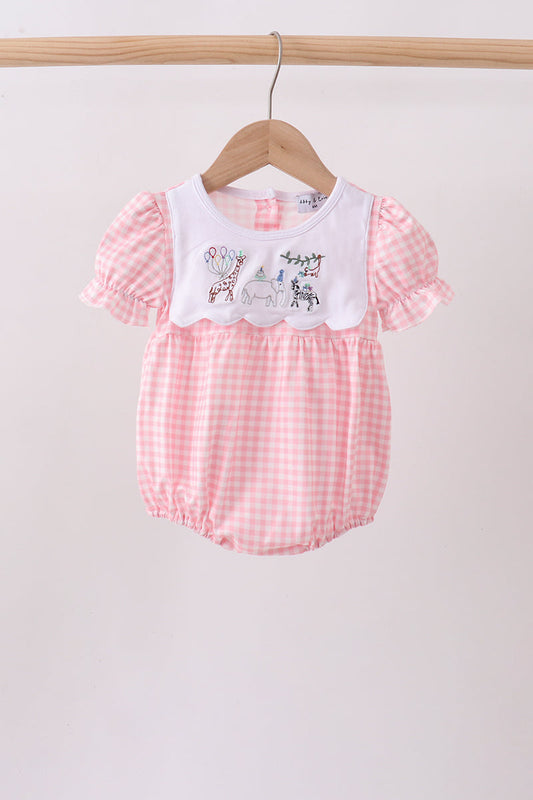 Pink Gingham Animal Embroidered Knit Bubble