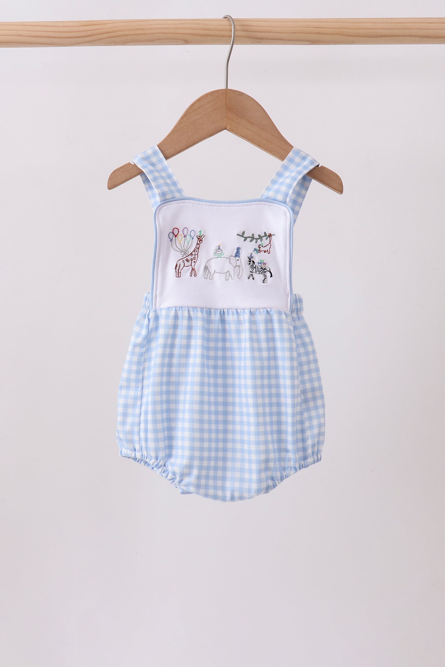 Blue Gingham Animal Embroidered Knit Bubble