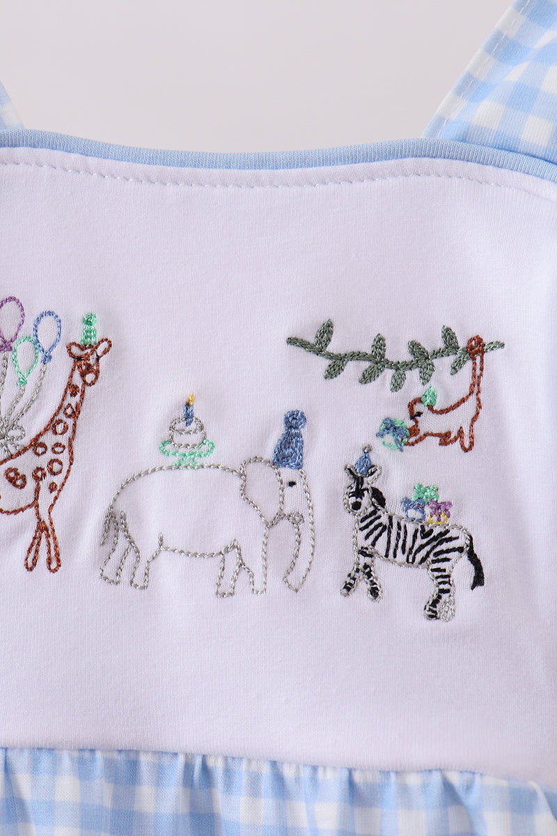 Blue Gingham Animal Embroidered Knit Bubble