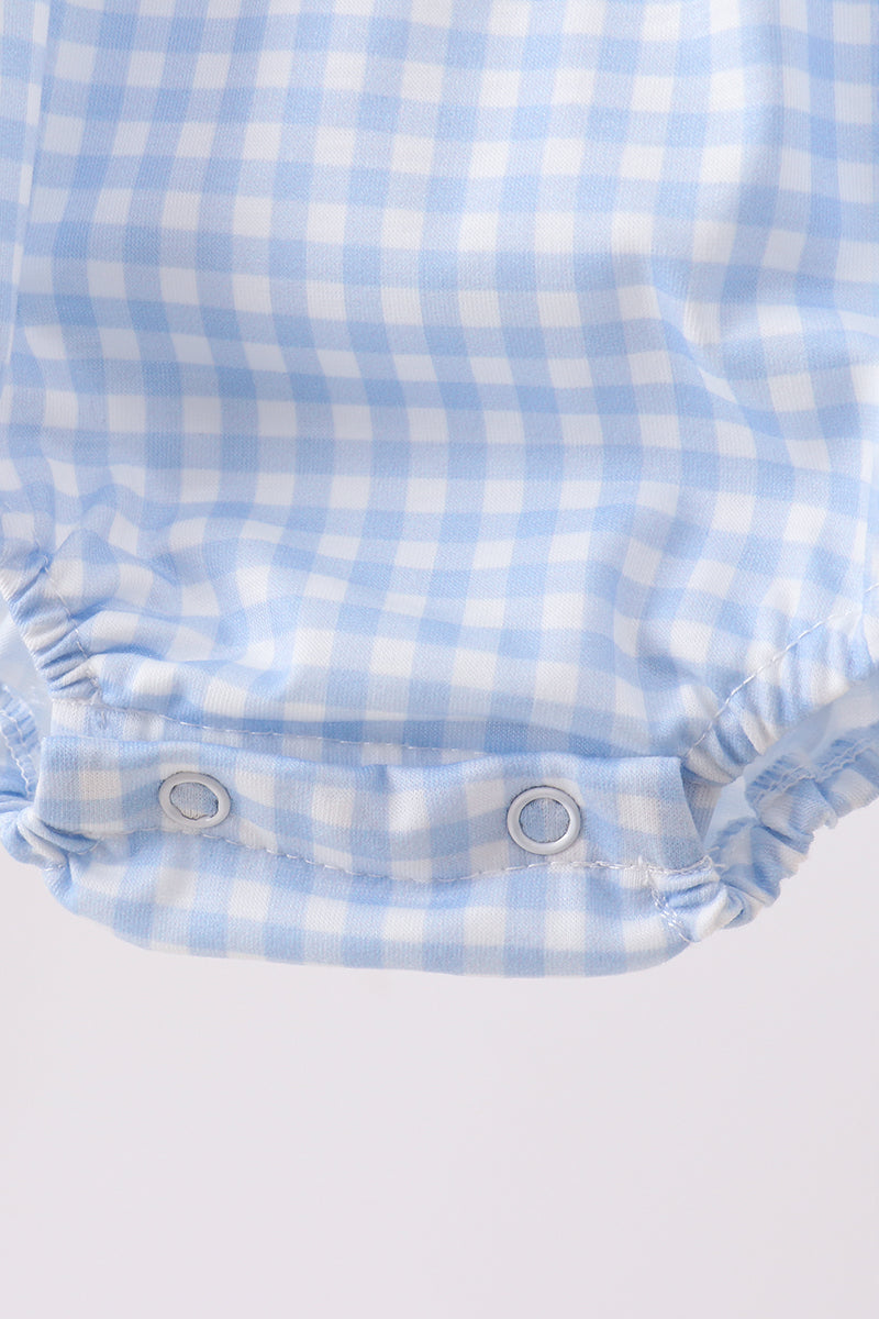 Blue Gingham Animal Embroidered Knit Bubble
