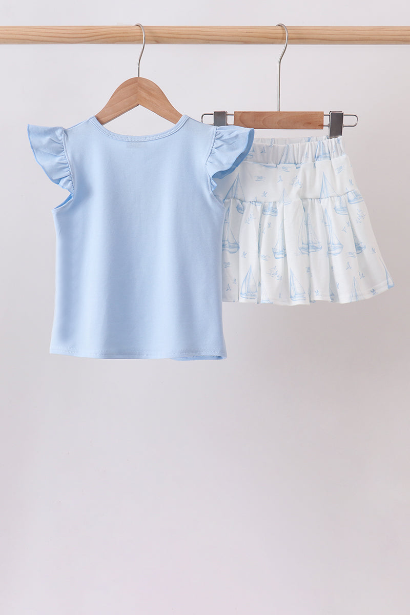 Blue Sailboat Embroidered Skorts Set