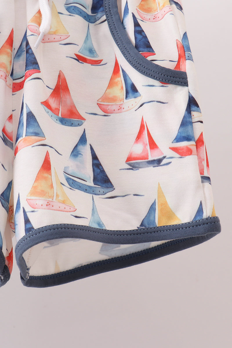 Blue Sailboat Print Shorts Set
