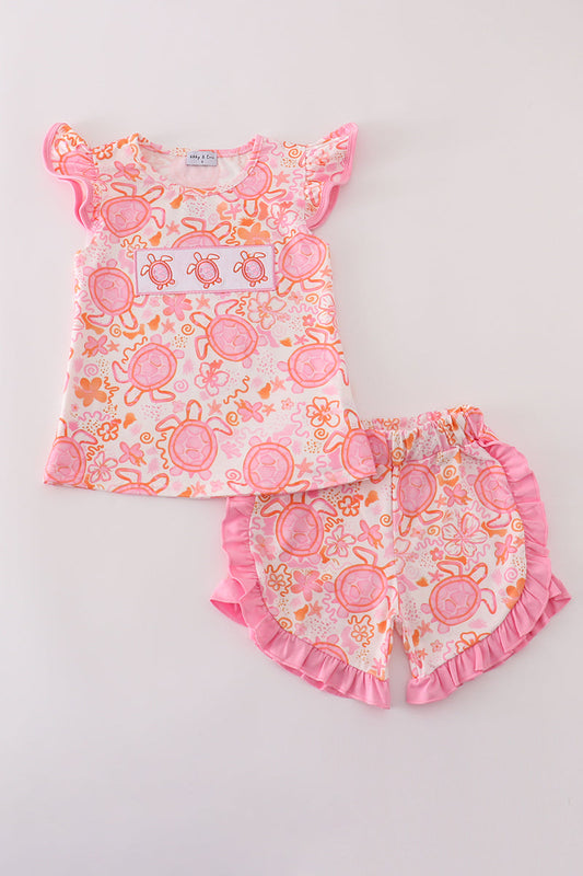 Pink floral ruffle shorts set