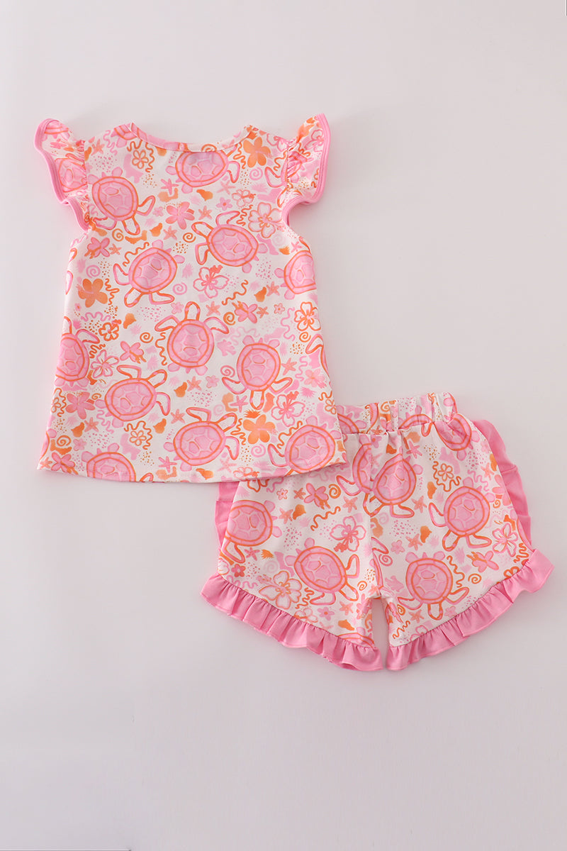 Pink floral ruffle shorts set