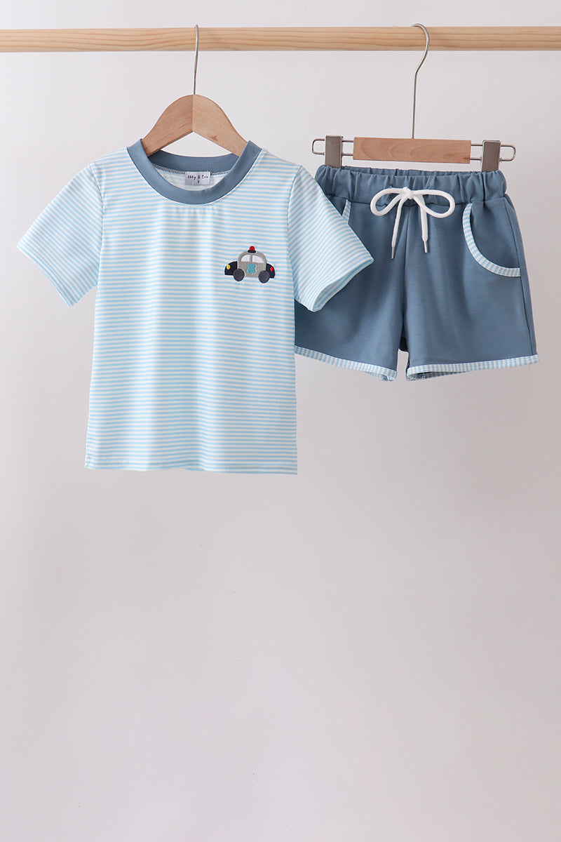 Blue Police Car Stripe Embroidered Set