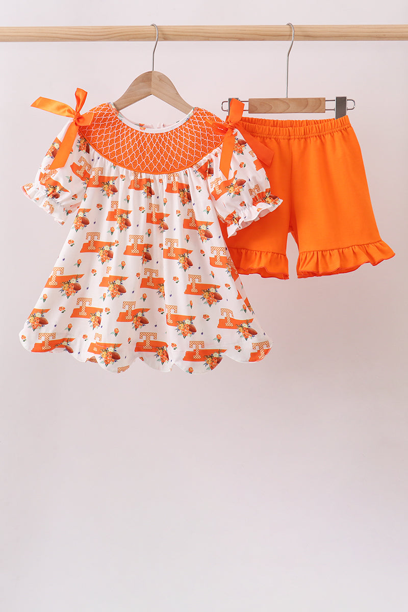 Orange Tennessee Smocked Scalloped Ruffle Shorts Set
