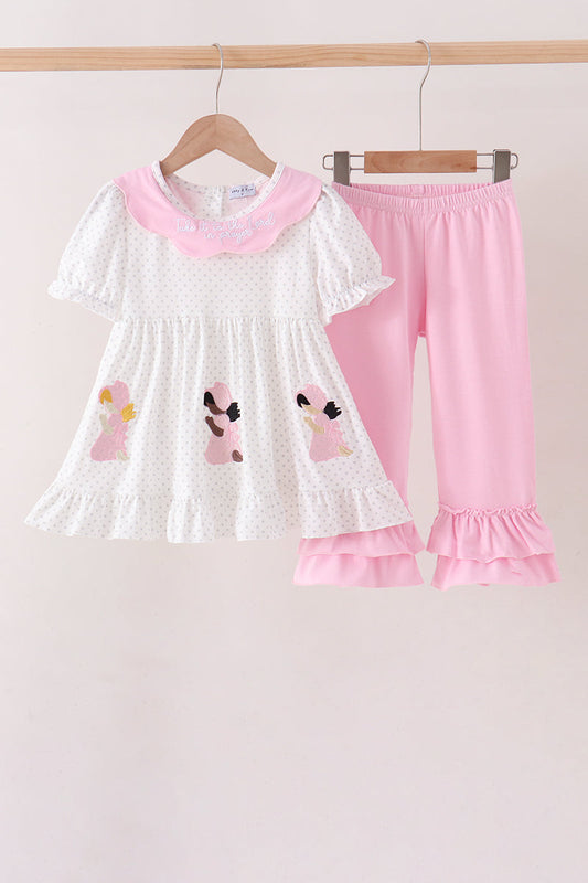 Pink Prayer Embroidery Ruffle Pants Set