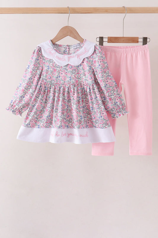 Pink Floral Embroidery Pants Set