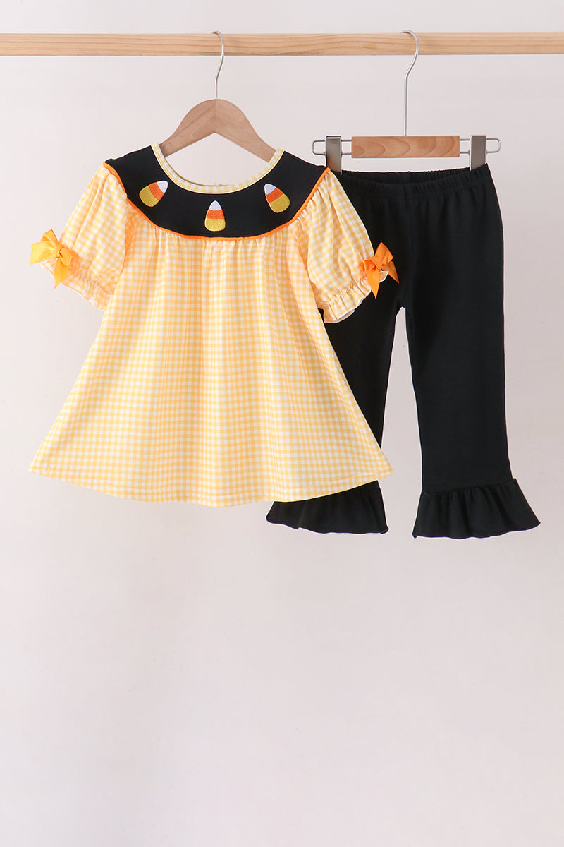 Mustard Candy Embroidery Gingham Ruffle Pants Set