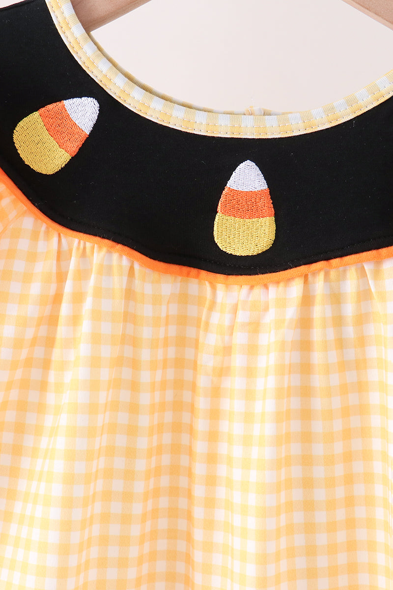 Mustard Candy Embroidery Gingham Ruffle Pants Set
