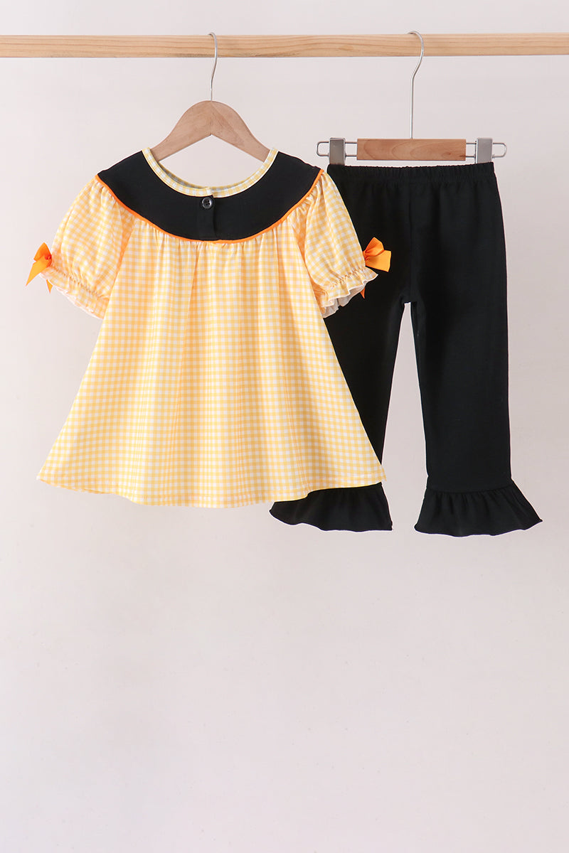 Mustard Candy Embroidery Gingham Ruffle Pants Set