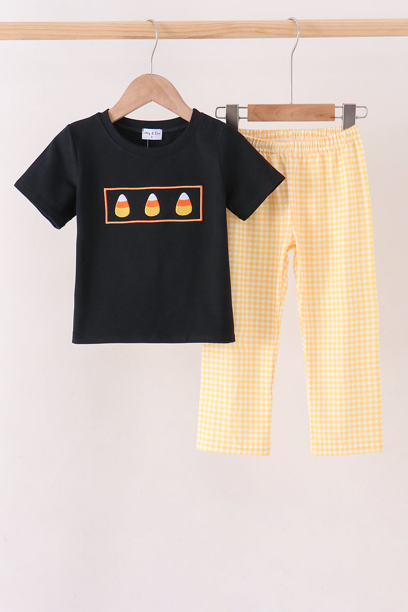 Mustard Candy Embroidery Gingham Pants Set