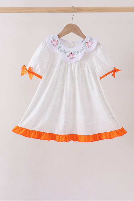 Orange Pumpkin Bow Embroidery Ruffle Dress
