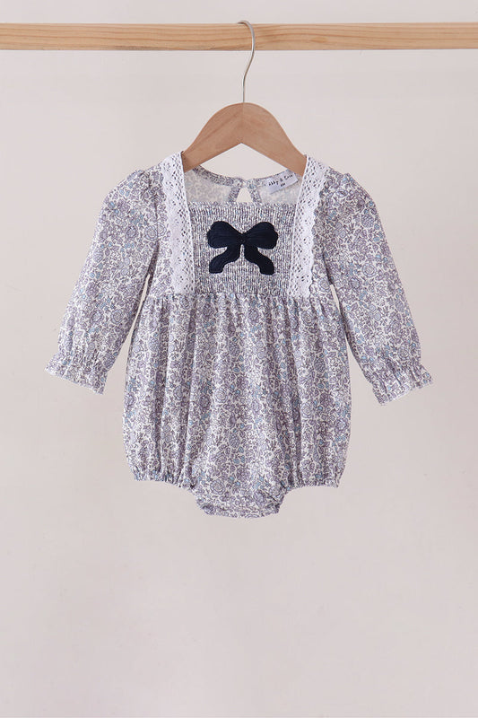 Navy Floral Bow Smocked Bubble