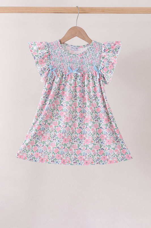 Blue Floral Smocked Ruffle Dress