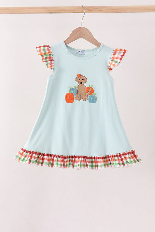 Blue Puppy Pumpkin Embroidery Gingham Ruffle Dress