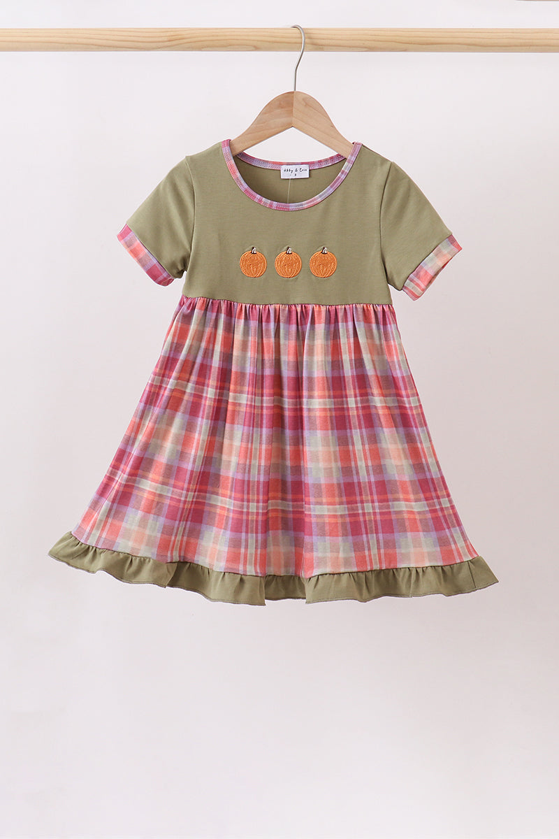 Camel Pumpkin Embroidery Plaid Dress