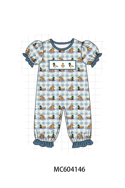 Blue mallard duck embroidery ruffle romper