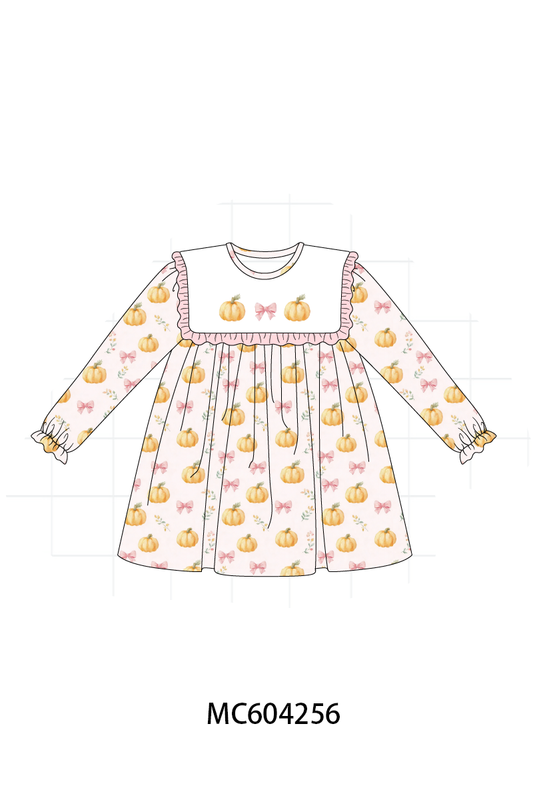 Pink pumpkin bow embroidery ruffle dress